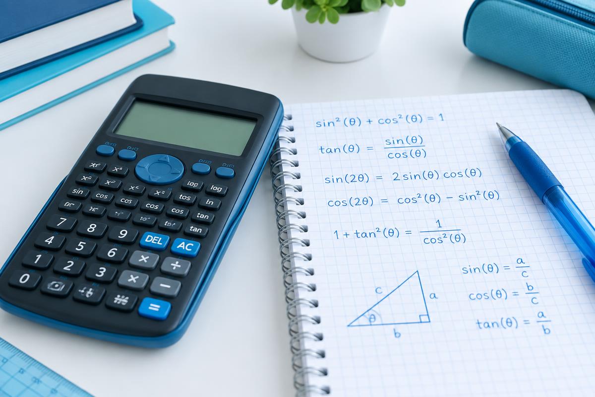 Calculadora científica junto a apuntes de trigonometría